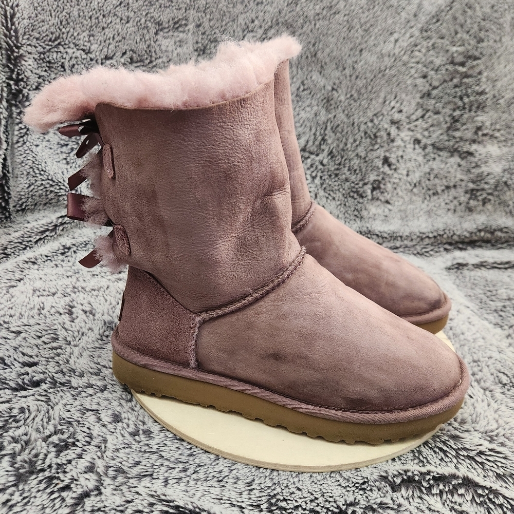 UGG Bailey Bow II Purple/Shadow Leather Sheepskin Boots Women's Size 7